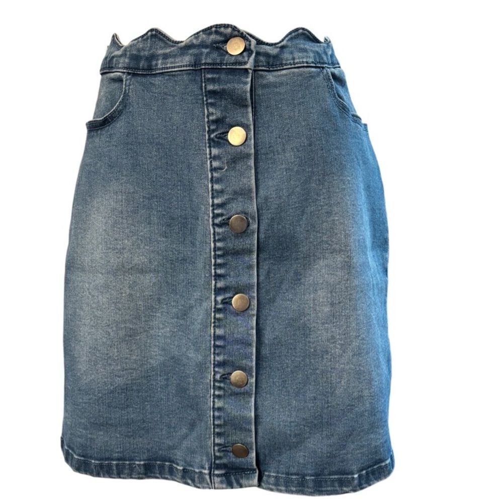 Blue Pepper Scallop Waist Denim Mini Skirt M Button Front Pockets Y2K Stretch - Picture 2 of 3